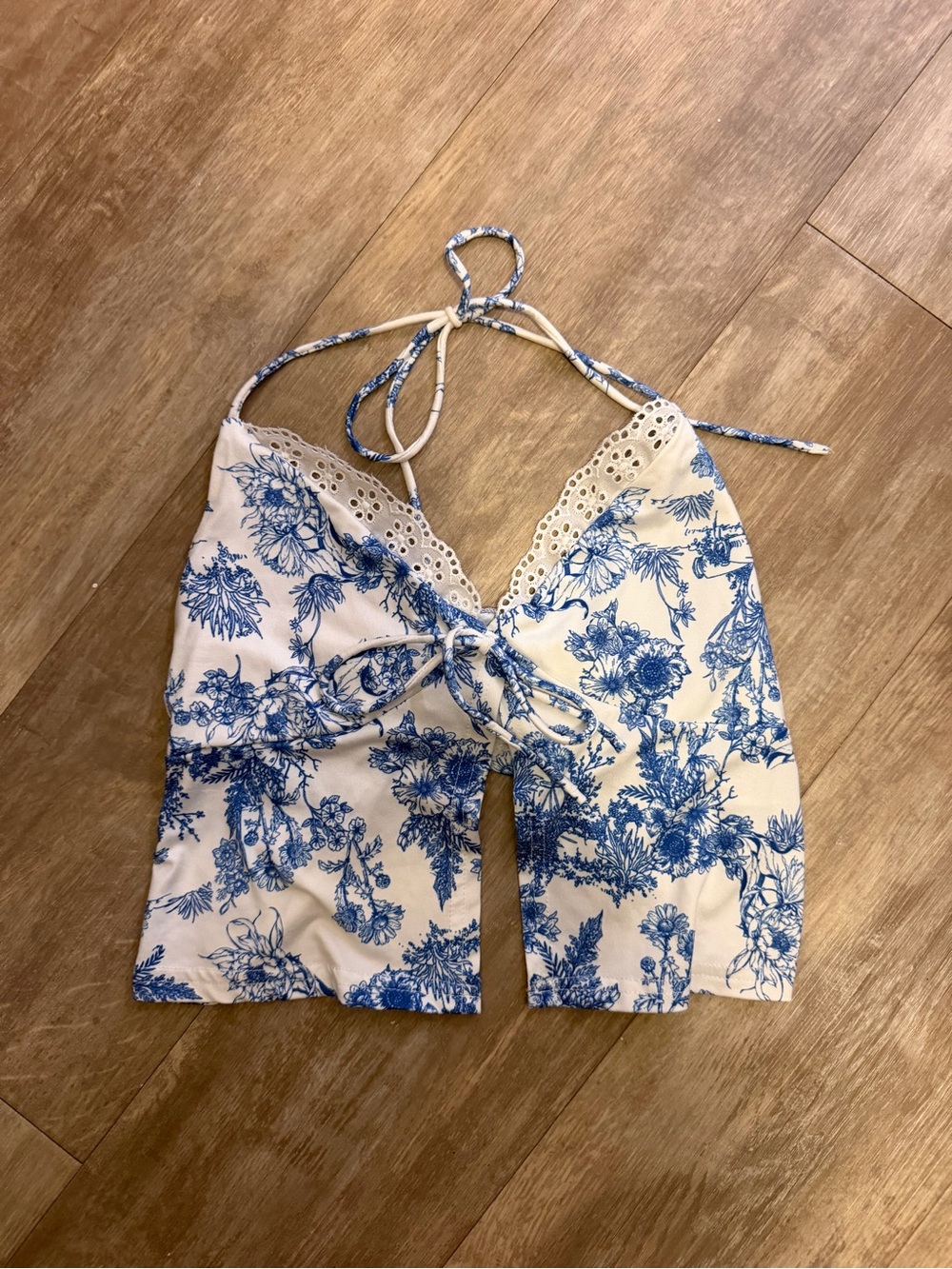 Blue Floral Lace-Trim Halter Satin halter